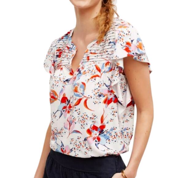Anthropologie Ridged Yoke Floral Print Ruffle Sleeve Boho Cottagecore Knit Top S - Picture 1 of 9